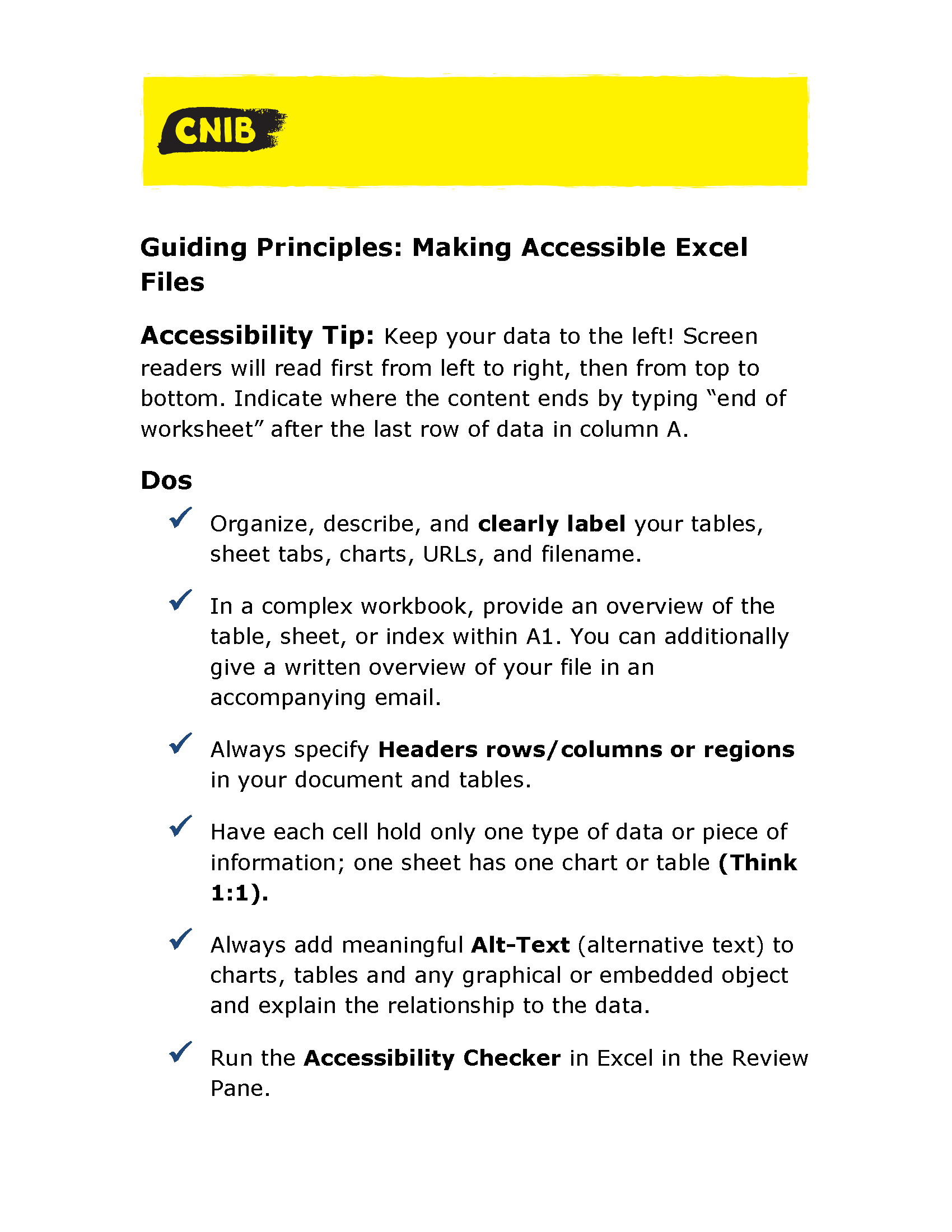 CNIB Guiding Principles:  Making Accessible Excel Files